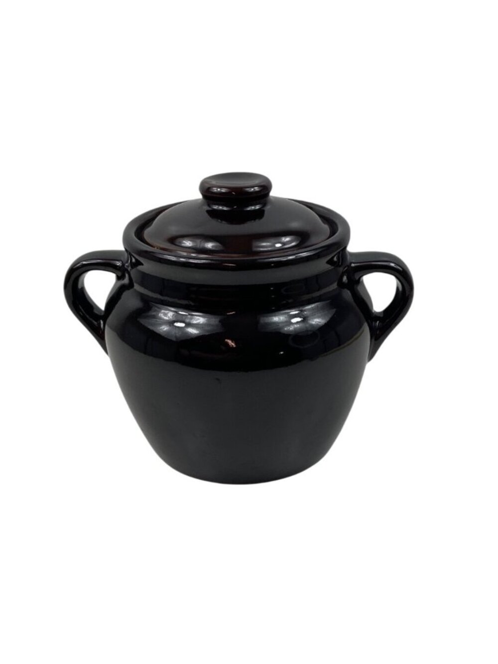 Brown Glaze Stoneware Crock Bean Pot With Handles & Lid 6" Vintage USA Pottery